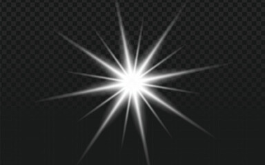 A white starburst light effect, digital design.  Bright center, radiating lines.  Transparent background, overlay for images.