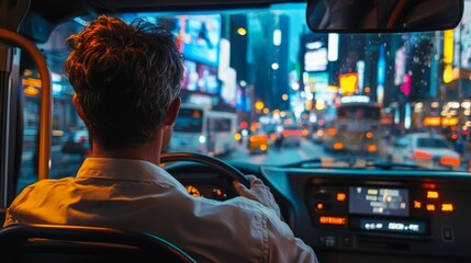 City Bus Driver Focused on Navigating Urban Route at Night