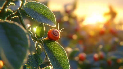 Fototapeta premium Sunrise Snail on Plant, Dewy Leaves, Golden Hour