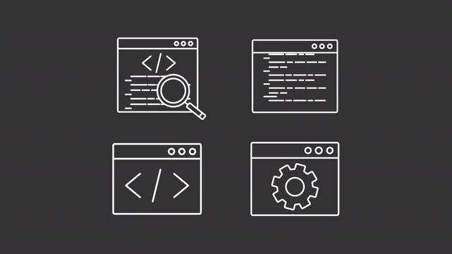 Web site optimization animation library. Traffic analytics animated white line icons. Coding and settings. Black illustrations on white background. HD video with alpha channel. Motion graphic
