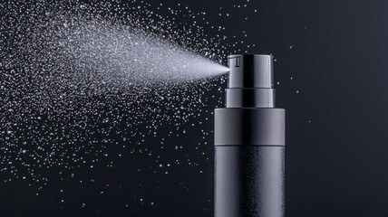 A sleek black spray bottle releasing a fine mist against a dark background, ideal for beauty and fragrance products.