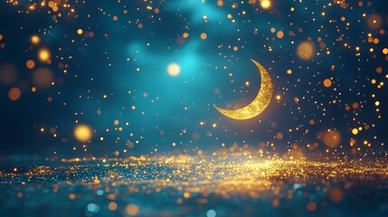 Golden crescent moon and sparkling dust on teal background.