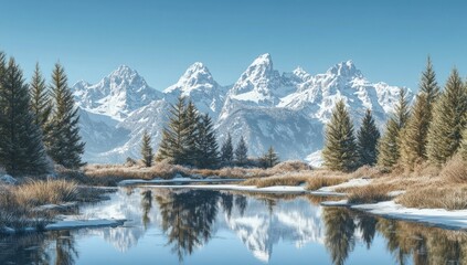 Winter mountain lake reflection tranquil scene