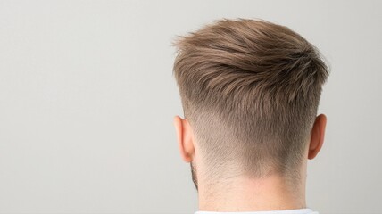 Obraz premium A stylish short haircut showcasing the back of a man's head against a neutral background, emphasizing modern hair trends.