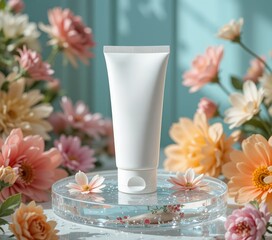 cream, skincare tube mockup on a crystal-clear platform adorned with glistening water droplets and complementary delicate flowers for a luxurious and refreshing design