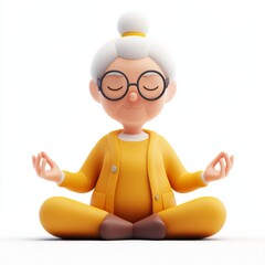 Cheerful elderly woman practicing yoga meditation in bright attire