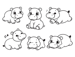 Set of hippopotamus in various poses with hand-drawn vector illustrations. Doodle line art style, isolated and easy to use for creative projects and designs.