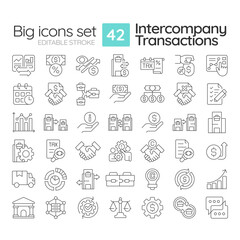 Intercompany transactions linear icons set. B2B finances transfers. Commercial activity solutions. Customizable thin line symbols. Isolated vector outline illustrations. Editable stroke