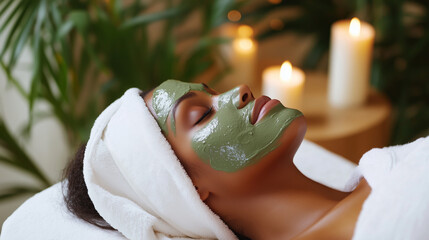 Side view of woman relaxing with green facial mask in spa