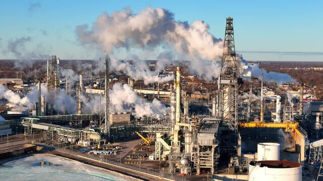 Production process with smoking chimneys in Detroit refinery, aerial drone view