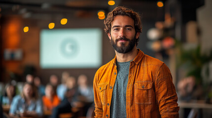 Obraz premium Confident Young Man Speaking at Casual Business Event 