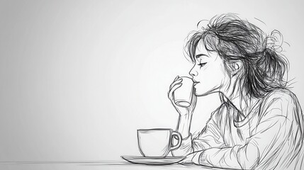 Fototapeta premium Thoughtful Young Woman Enjoying Coffee in Minimalist Style with Pencil Sketch Effect Capturing Tranquility and Reflection in a Cozy Atmosphere