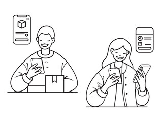 Men and women ordering and shopping online with hand-drawn vector illustrations. Doodle line art style, isolated and easy to use for creative projects and designs.
