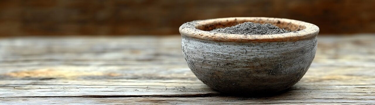 An aged ceramic bowl containing a quantity of fine gray ash