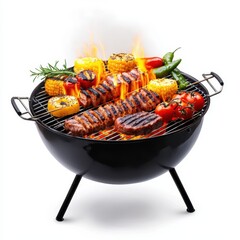 Grill with succulent meats and vegetables over an open flame, creating a vibrant cooking scene.