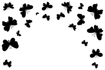 Butterflies silhouette flying, top border arrangement isolated on white background. Random scattered butterfly silhouettes for banners, print design, packaging, posters.