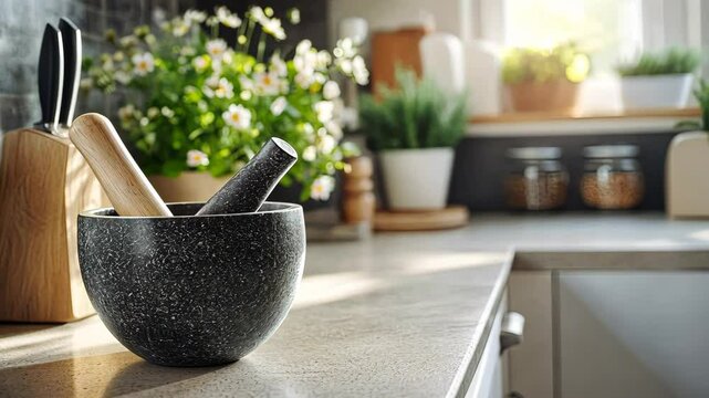 A clean, modern soapstone mortar and pestle placed on a pale kitchen countertop