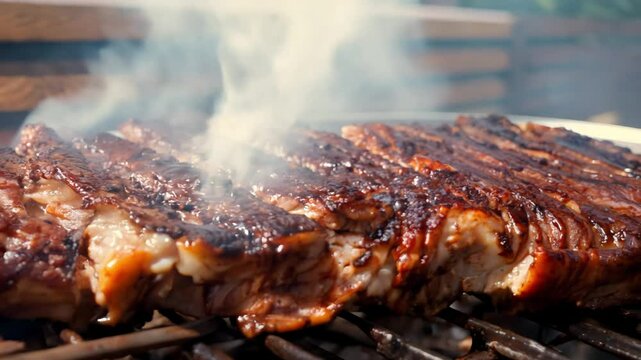 Dolly in video, sidelight, a rack of ribs smokes slowly on a large smoker grill, smoke billows out