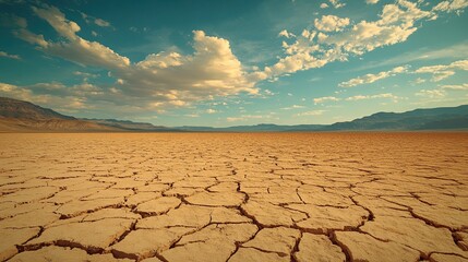 Vast desert landscape with dry, cracked ground and an open sky in a digital illustration. 