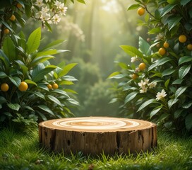 ethereal forest-style wooden podium for product display, surrounded by clear water, lemons, and jasmine flowers under soft morning light—an organic, minimalist luxury setup with zen tranquility