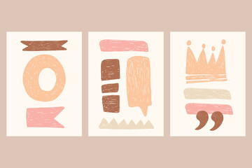 Wall art prints set with boho crayon drawn abstract shapes. Funky poster templates with geometric shapes in crayon or pencil hand draw style. Modern art for social media, wall art, cover, flyer