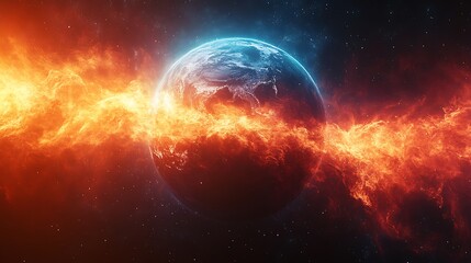 Obraz premium Exploding fiery planet glowing cosmic energy swirling nebula star background Illustration