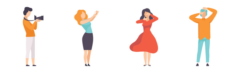 Male and Female Photographers Take Pictures with Cameras Vector Set