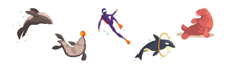 Oceanarium or Dolphinarium with Sea Animals and Trainers Performing Stunt Vector Set