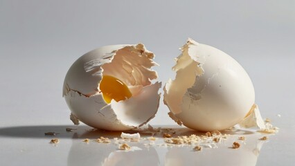 Delicate Cracked Eggshells with Vibrant Yolk on a Rustic Surface