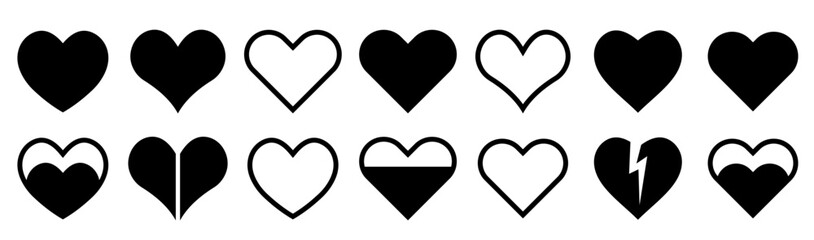 Hearts isolated on white. Hearts in linear and flat. Love icon. Valentines day signs or symbols. Vector illustration.