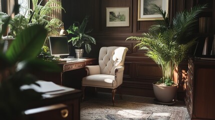 Fototapeta premium Serene Home Office Corner with Lush Greenery and Cozy Chair