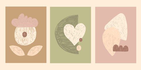 Boho Wall Art Set with Creative Crayon Organic Shapes. Funky poster templates with geometric shapes in crayon or pencil hand draw style. Modern art for social media, wall art, cover, flyer