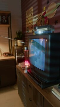 Vertical shot of 90s TV with movie playing on screen and stack of VHS tapes in home interior