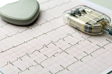Detailed View of an Electrocardiograph Showing Heart Activity with Pacemaker Device on a White Surface