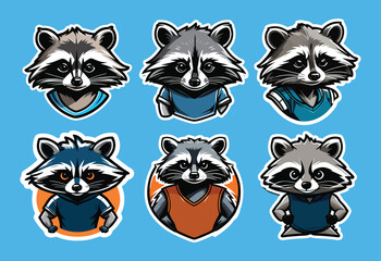 A set of six raccoon faces with different expressions