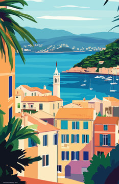 Vintage French Riviera Cote d'Azur Travel Poster, Retro Summer Art Illustration