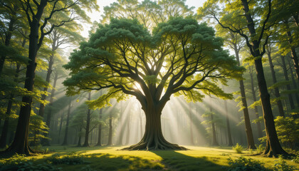 majestic tree in sunlit forest with rays of light streaming through branches, creating serene and magical atmosphere.