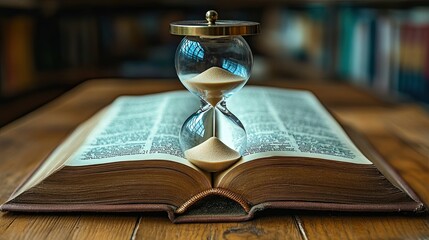Vintage hourglass placed on an open book, made of glass with sand flowing, symbolizing the passage of time.