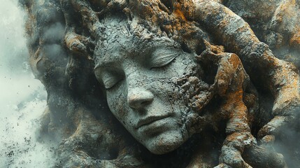 Serene stone face entwined with nature's roots.