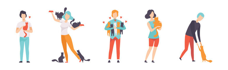People Cat Lover as Pet Owners Playing and Caring of Their Domestic Animal Vector Set