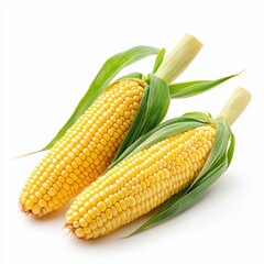 Two fresh yellow corn cobs with green husks on a bright background.