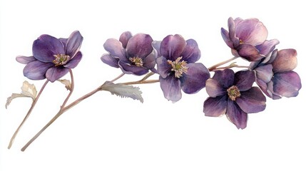 Watercolor botanical illustration of a purple hellebore flower on a clean white background