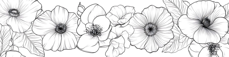 Fototapeta premium Floral Seamless Pattern With Hand-Drawn Dahlia Flower Line Art Background With Drawn Outline Foliage Natural Leaves Herbs Image