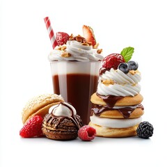 Delicious dessert arrangement featuring creamy shakes and colorful cookies.