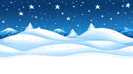 Snowy hills, starry night winter landscape.