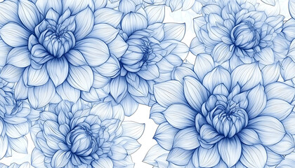 Floral Seamless Pattern With Hand-Drawn Dahlia Flower Line Art Background With Drawn Outline Foliage Natural Leaves Herbs Image