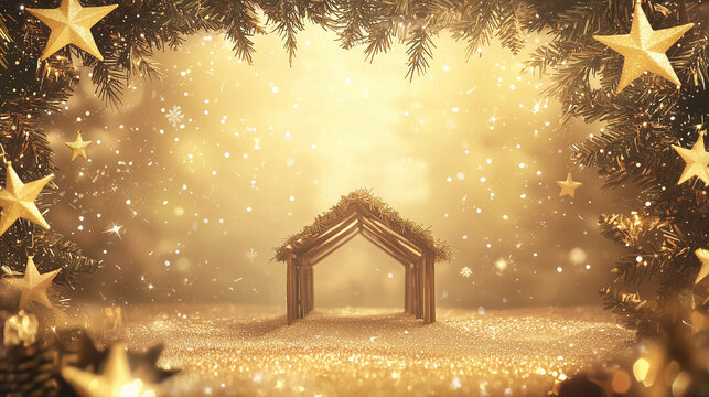Peaceful empty Christmas Nativity stable illuminated by warm candlelight. Rustic wooden manger, hay and a serene atmosphere create a timeless biblical setting ready for the Christmas story.