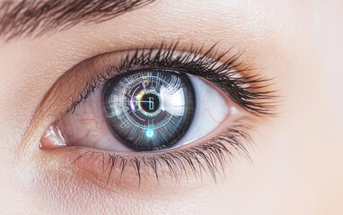 Obraz premium Human Eye with Futuristic Technology Interface, Digital Overlay, Bionic Vision Concept.
