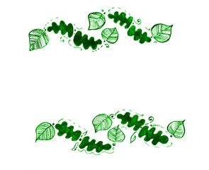 Frame, framing of leaves. White background and copy space. Leaves of different shapes and sizes, filled with decor. Lines, dots, ornament or fill. Green color. Doodle. Dots, swirls around. Isolated.