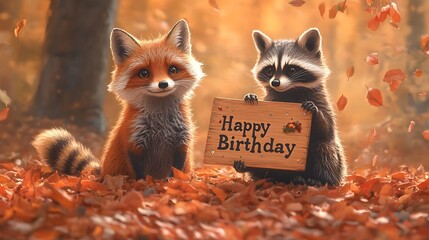 A cozy autumn setting with a fox and a raccoon sitting on a bed of fallen leaves, holding a charming wooden "Happy Birthday" board, golden orange hues filling the scene, warm and nostalgic atmosphere,